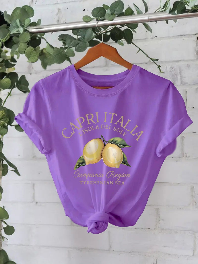 Pure Cotton T-Shirt Summer Short Sleeve Round Neck American Lemon Pattern Printed T-Shirt Women Factory - Image 5