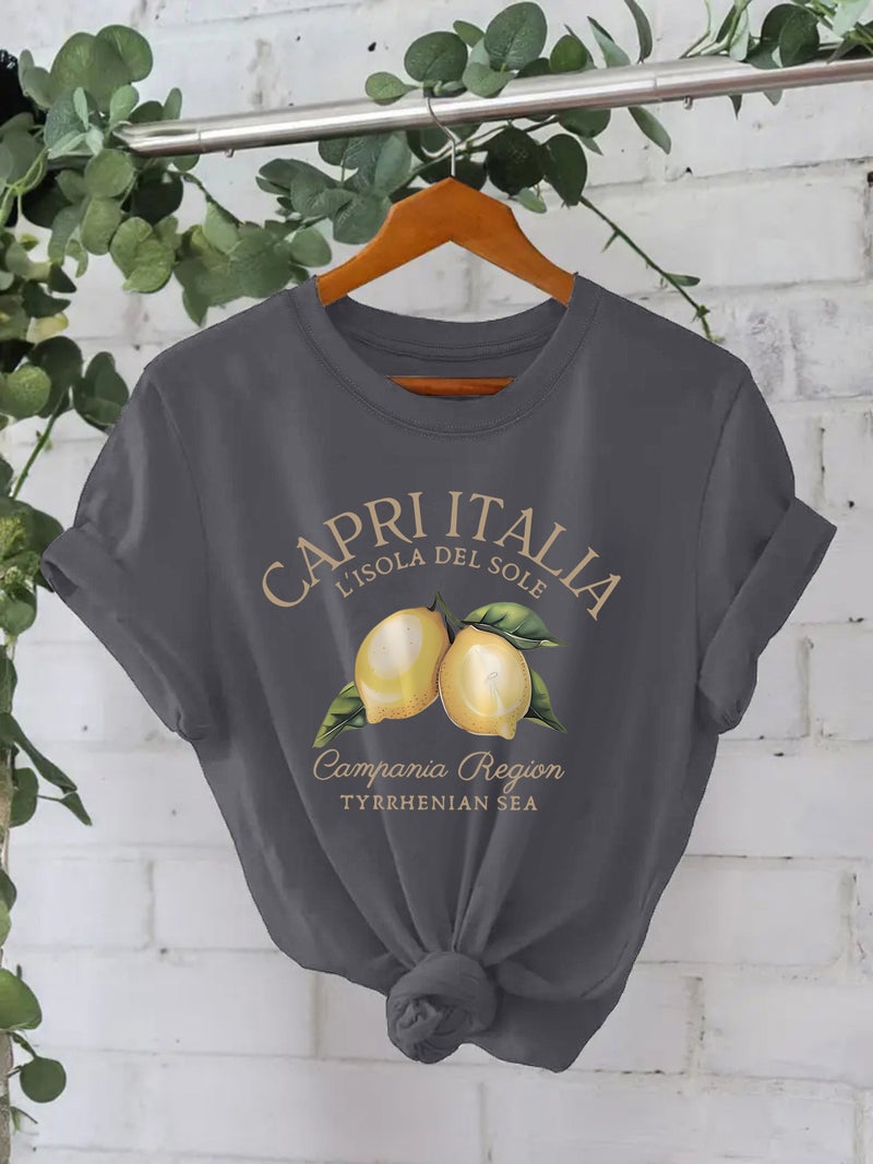 Pure Cotton T-Shirt Summer Short Sleeve Round Neck American Lemon Pattern Printed T-Shirt Women Factory - Image 4