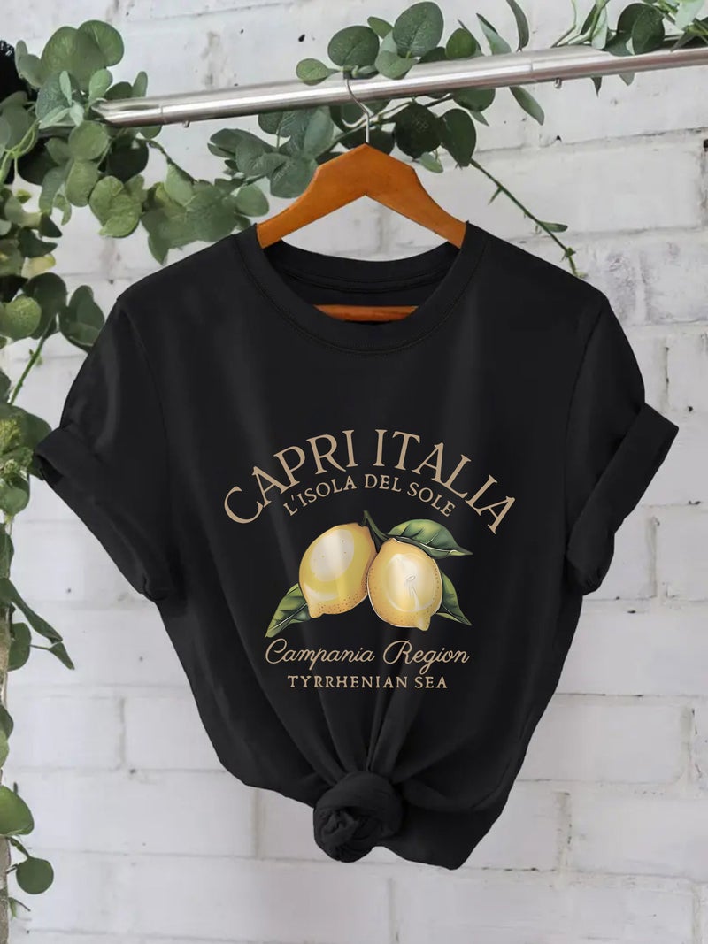 Pure Cotton T-Shirt Summer Short Sleeve Round Neck American Lemon Pattern Printed T-Shirt Women Factory - Image 3