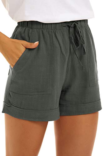 KINGFEN Women Shorts Comfy Drawstring Lounge Mid Length Elastic Waist Shorts for Summer Beach Casual Cotton Linen Pull On Short with Pockets Sage Green Medium - Image 1