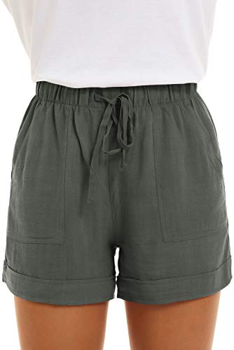 KINGFEN Women Shorts Comfy Drawstring Lounge Mid Length Elastic Waist Shorts for Summer Beach Casual Cotton Linen Pull On Short with Pockets Sage Green Medium - Image 3
