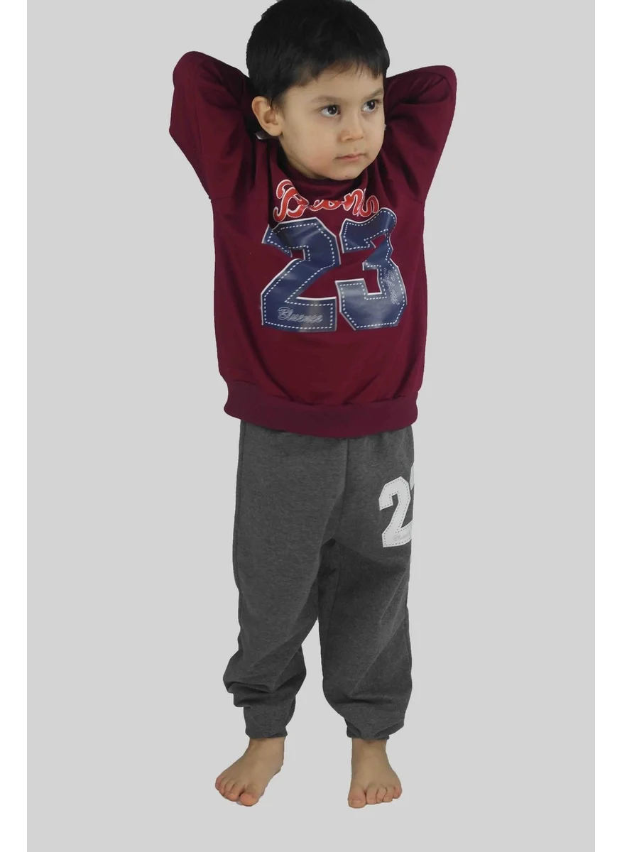 Bluence Boy's Printed Claret Red Cotton Tracksuit Set