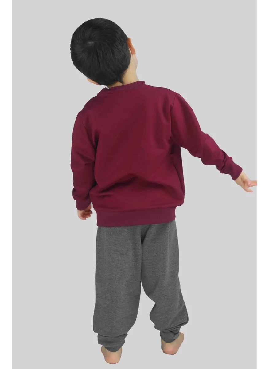 Bluence Boy's Printed Claret Red Cotton Tracksuit Set