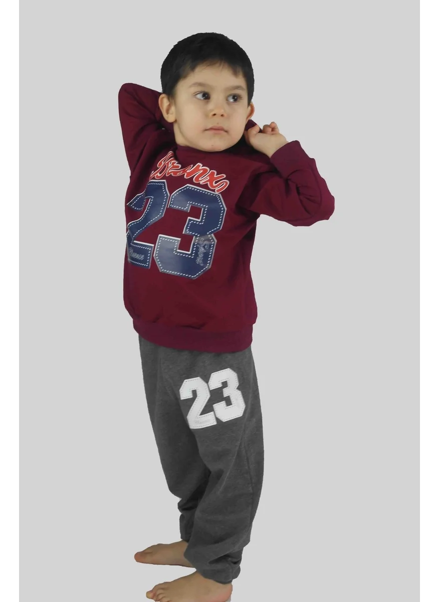 Bluence Boy's Printed Claret Red Cotton Tracksuit Set