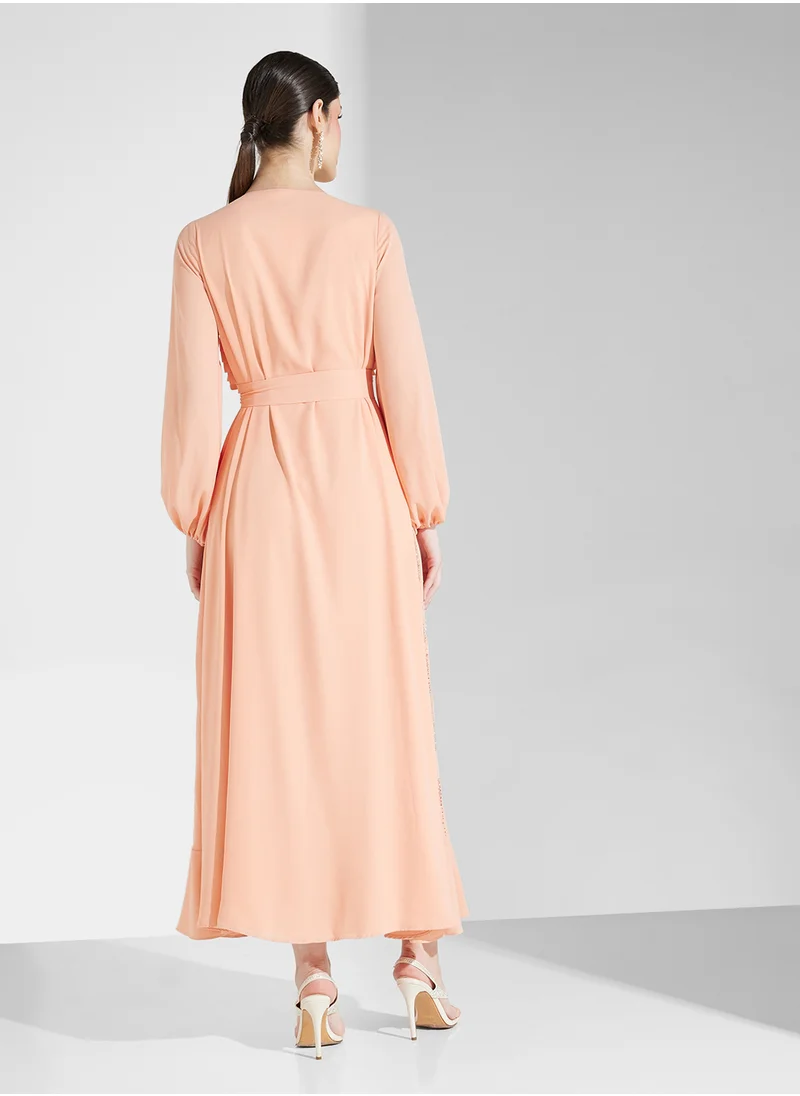 Fashion Trends by Suzy Matar Embroidered Long Dress with Puffy Sleeves