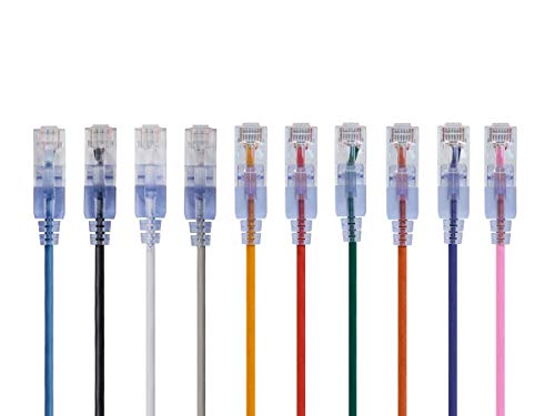 Monoprice SlimRun Cat6A Ethernet Patch Cable - Network Internet Cord - RJ45, Stranded, UTP, Pure Bare Copper Wire, 30AWG, 2 Feet, 10-color, 10-Pack - Image 1