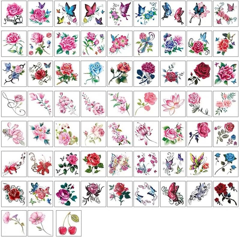 Yesallwas 66 Pcs Temporary Flower Tattoos Stickers Rose Peony Butterflies Blossoms Flash Tattoo for Kids Girls Teens