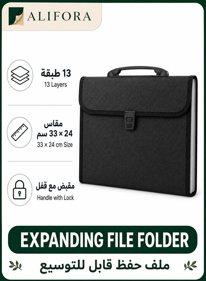 ALIFORA A4 Expanding File Folder with Handle, 13-Pocket Accordion Document Organizer with Secure Buckle Closure, 33 × 24 cm Large Capacity Portable File Storage Bag for Office, School, Home, Bills, Receipts & Documents, Black - Image 1