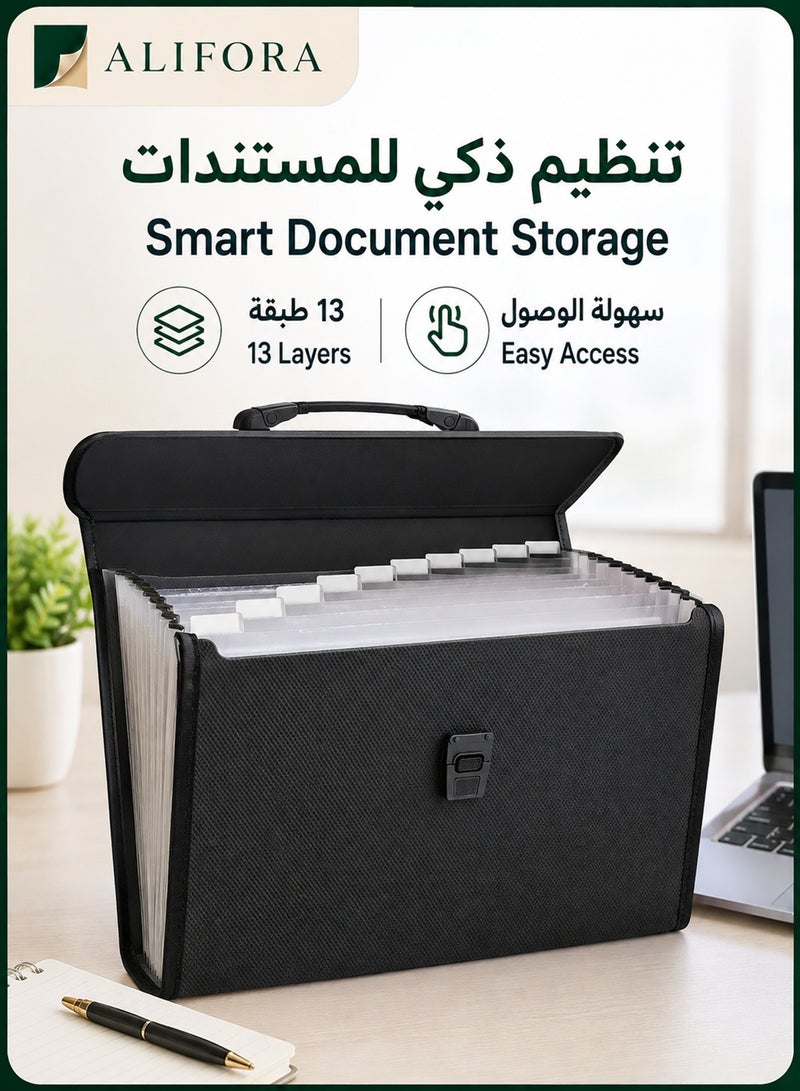 ALIFORA A4 Expanding File Folder with Handle, 13-Pocket Accordion Document Organizer with Secure Buckle Closure, 33 × 24 cm Large Capacity Portable File Storage Bag for Office, School, Home, Bills, Receipts & Documents, Black - Image 5