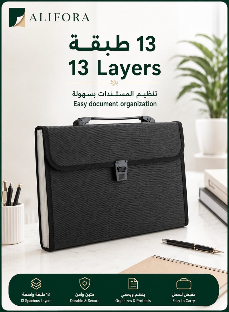 ALIFORA A4 Expanding File Folder with Handle, 13-Pocket Accordion Document Organizer with Secure Buckle Closure, 33 × 24 cm Large Capacity Portable File Storage Bag for Office, School, Home, Bills, Receipts & Documents, Black - Image 3