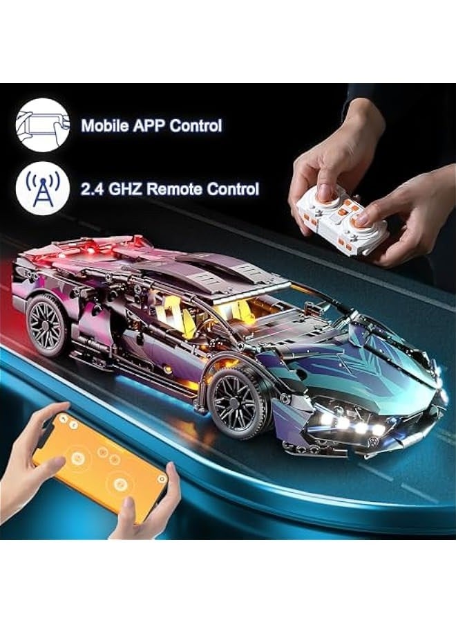 Sport Car Building Block Sets for Adults, Remote Control APP Race Car with LED Lights,Collectible 1:14 Model Scale Engineering Toy Men Teens Boys Age 8+ 8-12 12 13 14  - Image 3