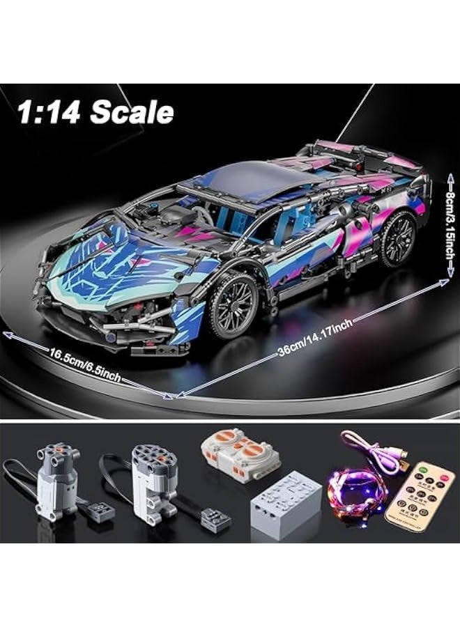 Sport Car Building Block Sets for Adults, Remote Control APP Race Car with LED Lights,Collectible 1:14 Model Scale Engineering Toy Men Teens Boys Age 8+ 8-12 12 13 14  - Image 4