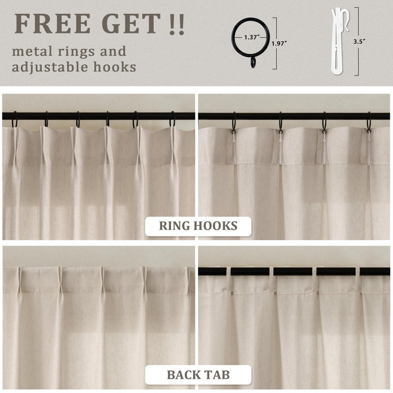 DUKIYO Linen Curtains 90 Inches Long for Living Room Pinch Pleat Drapes with Hooks Rings Back Tab Farmhouse Country Boho Decor Flax Beige Tan Sheer Pleated Curtain 90 Inch Length for Bedroom Dining 1 Panel - Image 4