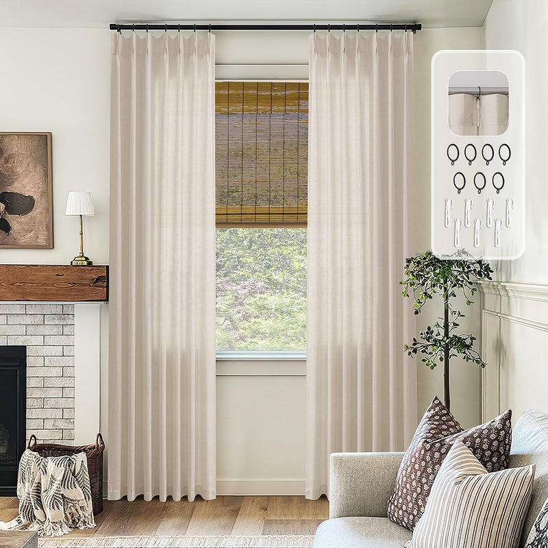 DUKIYO Linen Curtains 90 Inches Long for Living Room Pinch Pleat Drapes with Hooks Rings Back Tab Farmhouse Country Boho Decor Flax Beige Tan Sheer Pleated Curtain 90 Inch Length for Bedroom Dining 1 Panel - Image 2