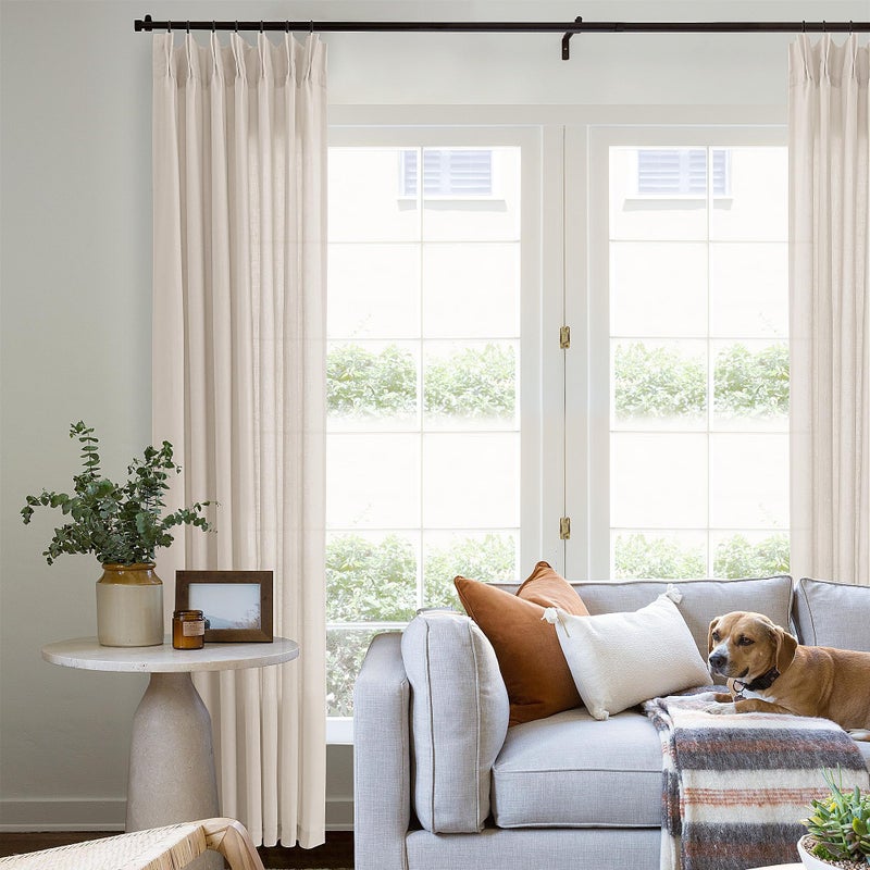 DUKIYO Linen Curtains 90 Inches Long for Living Room Pinch Pleat Drapes with Hooks Rings Back Tab Farmhouse Country Boho Decor Flax Beige Tan Sheer Pleated Curtain 90 Inch Length for Bedroom Dining 1 Panel - Image 1