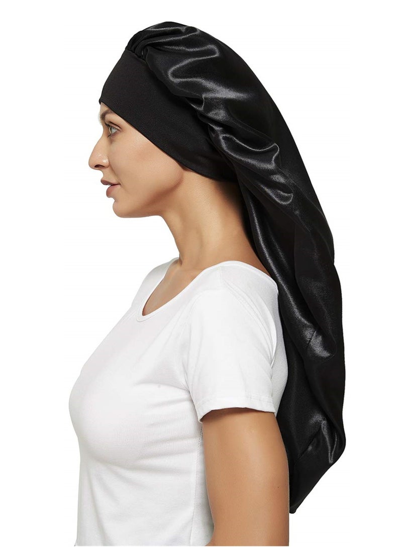 Zikra Long Satin Bonnet Sleep Cap Soft and Comfortable Elastic Band Bonnets for Women Night Sleep Hair Bonnets for Women Satin Long Hair Care Hat Night Cap 2 Pcs Black + Blue Leaves - Image 5