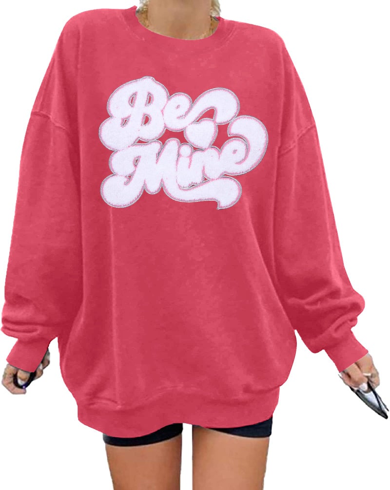 VILOVE Valentines Sweatshirts for Women Be Mine Glitter Patch Valentine Shirts Oversized Love Heart Sweater Holiday Outfits - Image 1