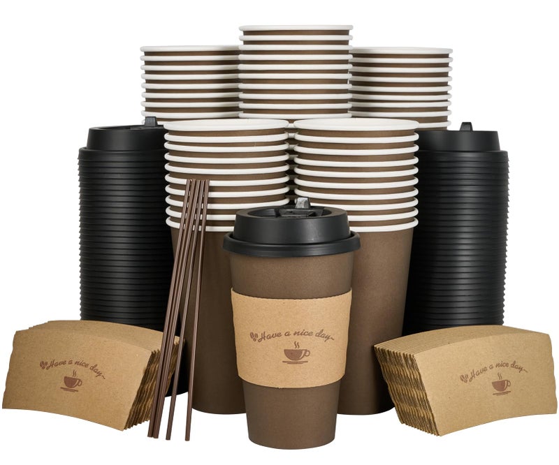 LITOPAK 100 Pack 16 oz Paper Coffee Cups Brown Disposable Coffee Cups with Lids Sleeves Sticks Drinking Cups for Hot Coffee Water or Juice Hot Paper Cups for Home Restaurant and Store