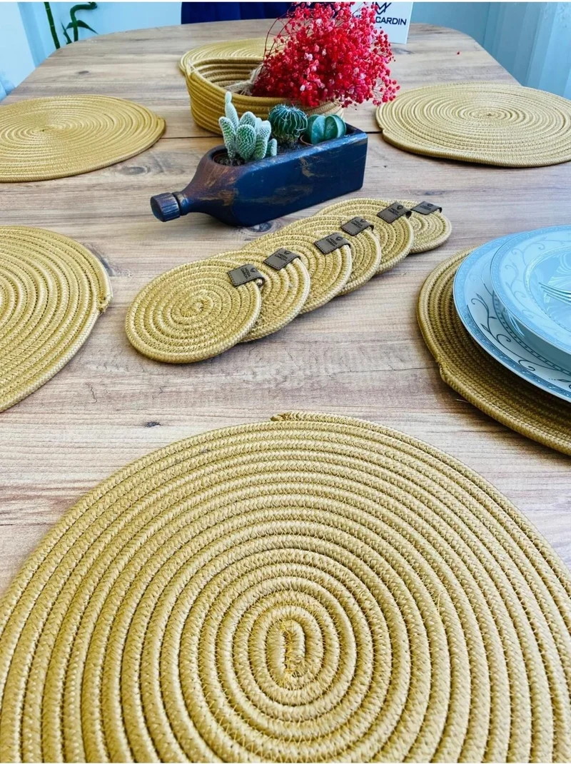 BDZ Deri BDZ Leather Jute Wicker American Service Plate Coaster and Basket 13 Pieces