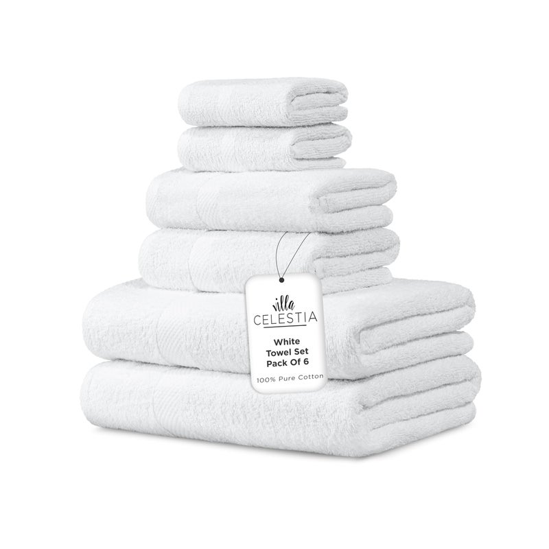 Villa Celestia 100 Combed Cotton Bathroom Towel Set of 6 2 Bath Towels 2 Hand Towels 2 Wash Cloths Sustainable Soft Highly Absorbent 6 Piece Cotton Bath Towel Set Ideal for Hotels Spa Bathroom Dorm White
