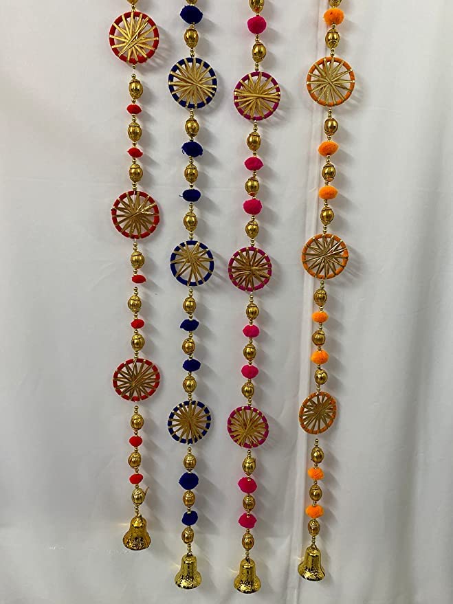 Sellplus Handmade Wall Door Multicolor Pom Pom String with Golden Beads Hanging Torans