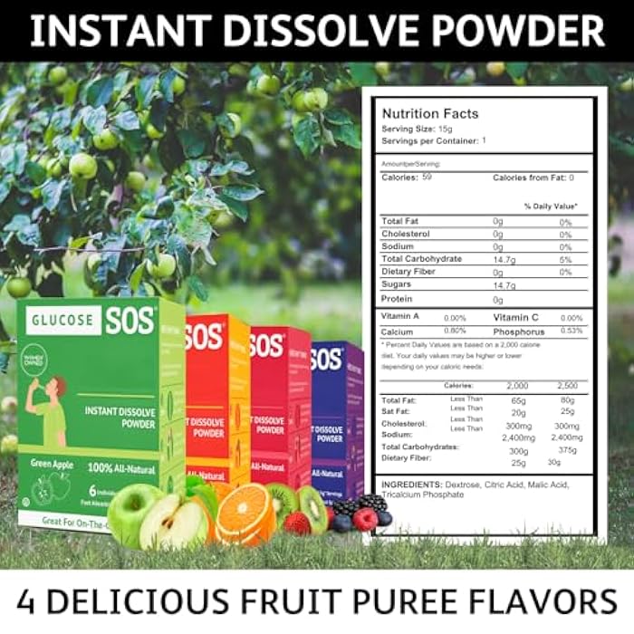 Glucose SOS عبوات مسحوق جلوكوز SOS مع دكستروز طبيعي، امتصاص سريع يذوب فوراً في فمك دون الحاجة إلى ماء، تفاح أخضر 6 حصص - Image 2