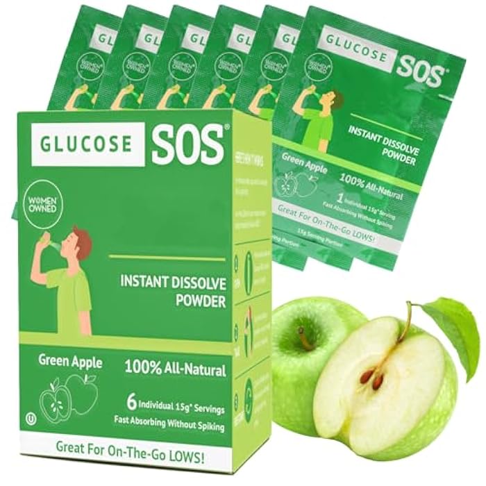 Glucose SOS عبوات مسحوق جلوكوز SOS مع دكستروز طبيعي، امتصاص سريع يذوب فوراً في فمك دون الحاجة إلى ماء، تفاح أخضر 6 حصص - Image 1