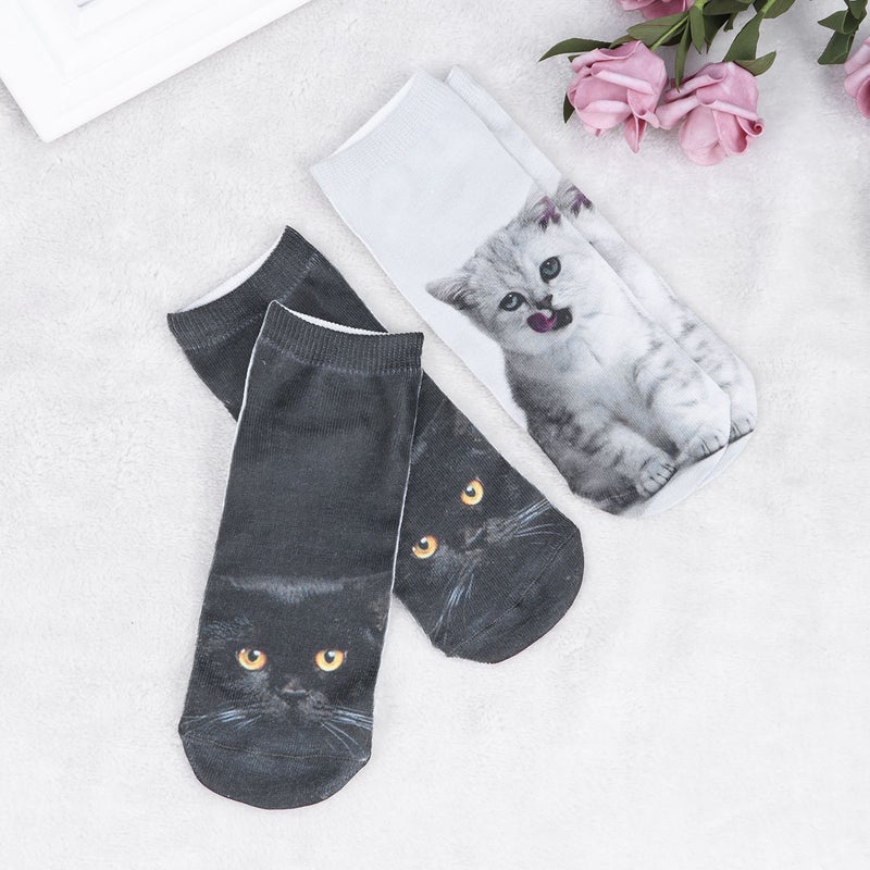 2 Pairs Cat Printed Women Casual Socks Unisex Low Cut Ankle Socks (905+ ) - Image 3