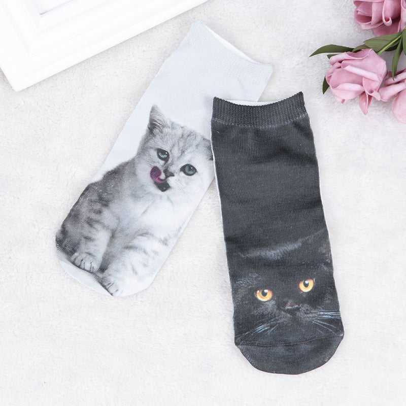 2 Pairs Cat Printed Women Casual Socks Unisex Low Cut Ankle Socks (905+ ) - Image 1