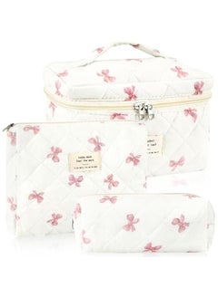 3Pc Cotton Quilted Makeup Bag for Women Extra Large Coquette Small Floral Travel Cosmetic Bag Set Aesthetic Cute Bow Makeup Pouch Portable Toiletry Bag Puffy Essential Storage Organizer Bag