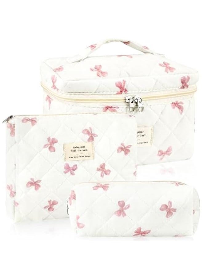 Generic - 3Pc Cotton Quilted Makeup Bag for Women Extra Large Coquette Small Floral Travel Cosmetic Bag Set Aesthetic Cute Bow Makeup Pouch Portable Toiletry Bag Puffy Essential Storage Organizer Bag - Image 1