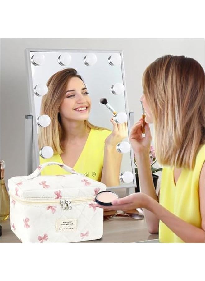Generic - 3Pc Cotton Quilted Makeup Bag for Women Extra Large Coquette Small Floral Travel Cosmetic Bag Set Aesthetic Cute Bow Makeup Pouch Portable Toiletry Bag Puffy Essential Storage Organizer Bag - Image 1
