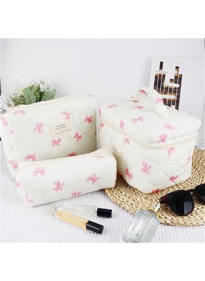 Generic - 3Pc Cotton Quilted Makeup Bag for Women Extra Large Coquette Small Floral Travel Cosmetic Bag Set Aesthetic Cute Bow Makeup Pouch Portable Toiletry Bag Puffy Essential Storage Organizer Bag - Image 1