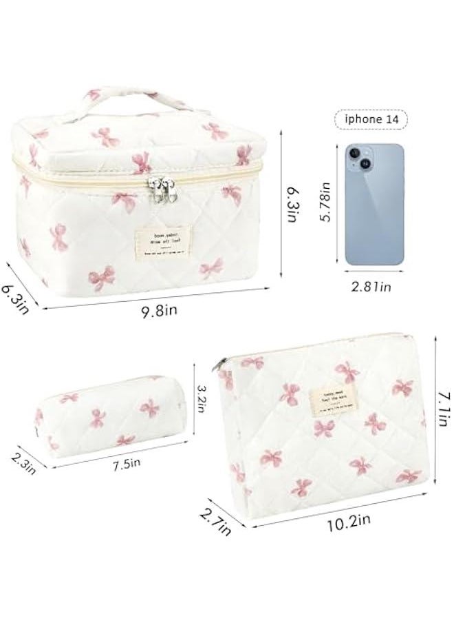 Generic - 3Pc Cotton Quilted Makeup Bag for Women Extra Large Coquette Small Floral Travel Cosmetic Bag Set Aesthetic Cute Bow Makeup Pouch Portable Toiletry Bag Puffy Essential Storage Organizer Bag - Image 1