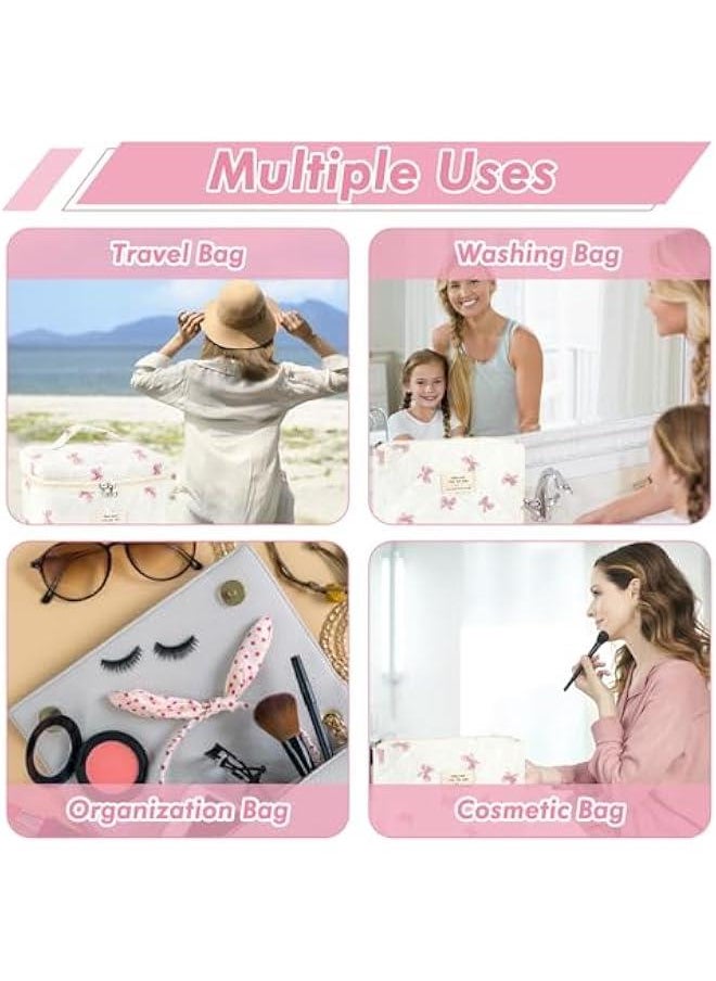 Generic - 3Pc Cotton Quilted Makeup Bag for Women Extra Large Coquette Small Floral Travel Cosmetic Bag Set Aesthetic Cute Bow Makeup Pouch Portable Toiletry Bag Puffy Essential Storage Organizer Bag - Image 1