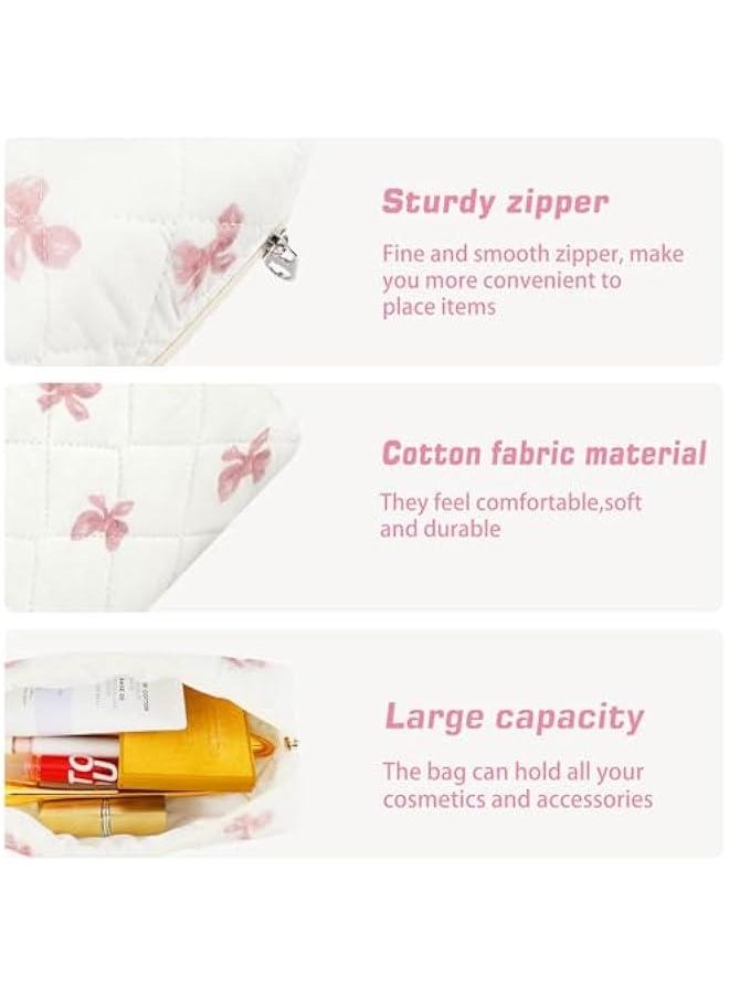 Generic - 3Pc Cotton Quilted Makeup Bag for Women Extra Large Coquette Small Floral Travel Cosmetic Bag Set Aesthetic Cute Bow Makeup Pouch Portable Toiletry Bag Puffy Essential Storage Organizer Bag - Image 1