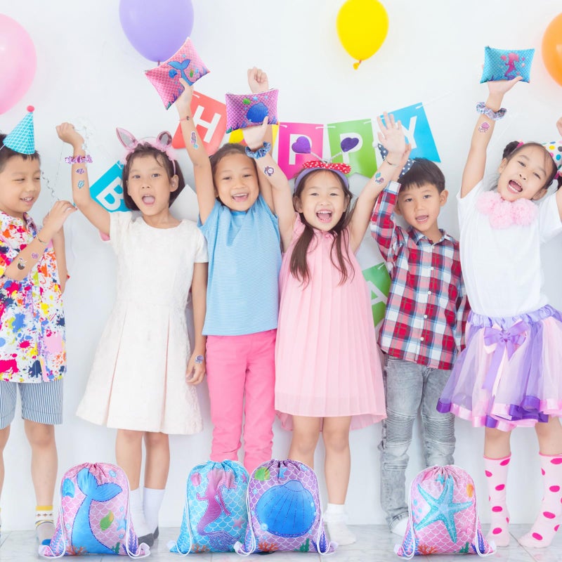 Abbylike 49 Pcs Mermaid Party Favors for Kids Including 12 Mermaid Drawstring Backpack 12 Travel Toiletry Bag 12 Hair Scrunchies 12 Bracelets 1 Set Temporary Tattoos for Girls Decor - Image 5