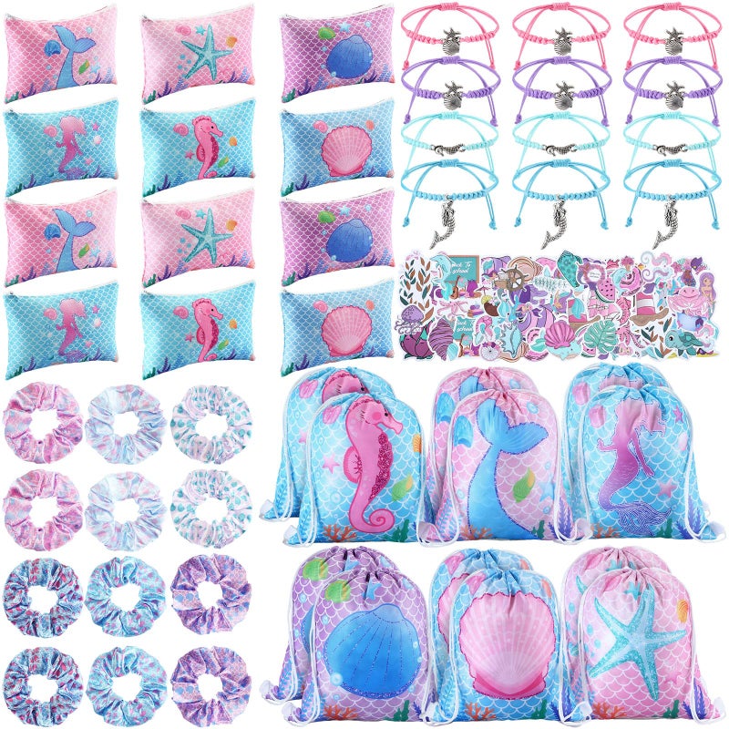 Abbylike 49 Pcs Mermaid Party Favors for Kids Including 12 Mermaid Drawstring Backpack 12 Travel Toiletry Bag 12 Hair Scrunchies 12 Bracelets 1 Set Temporary Tattoos for Girls Decor - Image 1
