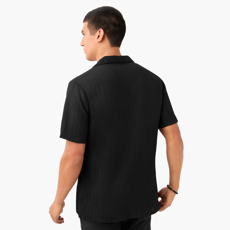 Splash FAV Regular Fit Dobby Textured Shirt with Camp Collar and Short Sleeves