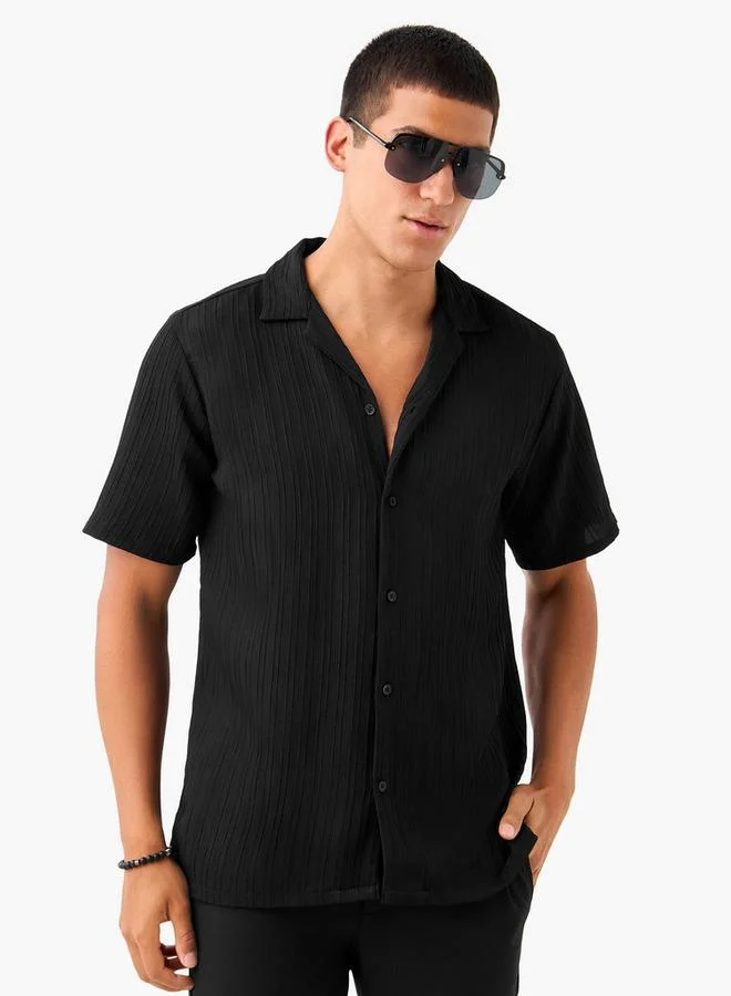 Splash FAV Regular Fit Dobby Textured Shirt with Camp Collar and Short Sleeves