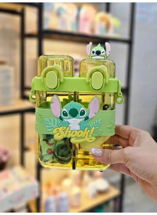 Generic valueable 1 Square double-spout water bottle for kids with a Stitch character print - unique design with two separate compartments and a flip-top lid, 3D model and silicone strap, ideal for school and trips - Image 1