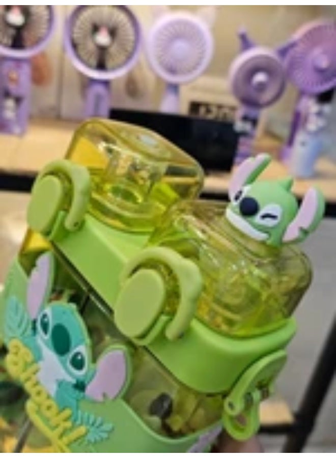 Generic valueable 1 Square double-spout water bottle for kids with a Stitch character print - unique design with two separate compartments and a flip-top lid, 3D model and silicone strap, ideal for school and trips - Image 2