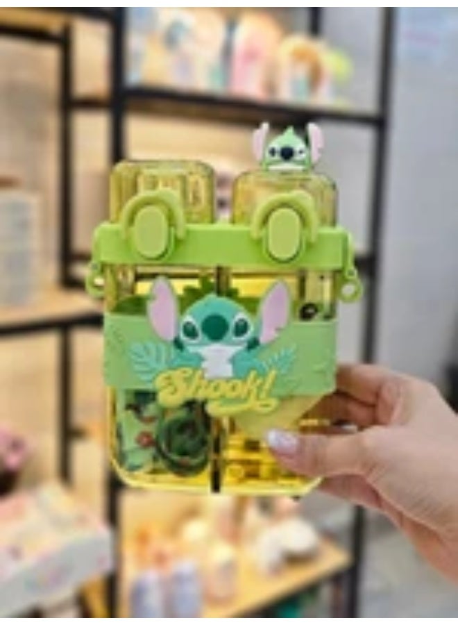 Generic valueable 1 Square double-spout water bottle for kids with a Stitch character print - unique design with two separate compartments and a flip-top lid, 3D model and silicone strap, ideal for school and trips - Image 3