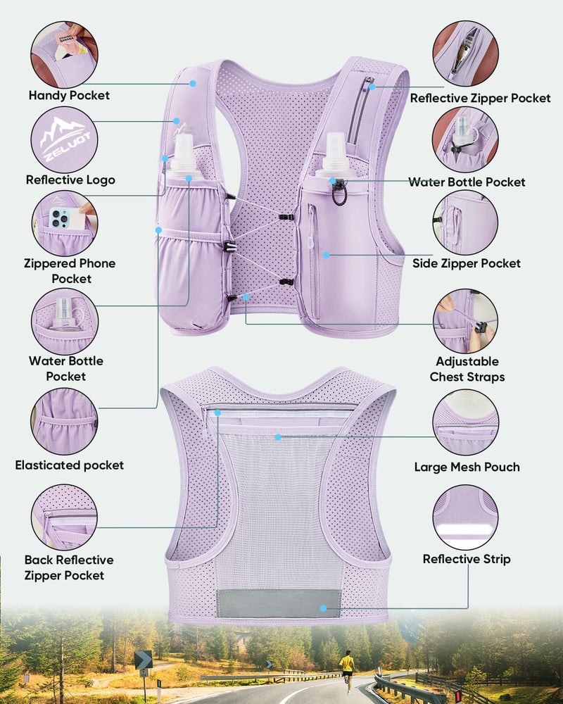Zelvot Running Vest for Women Men, USA Original Patent, Adjustable Chest Straps Running Hydration Vest with 500ml Soft Flask, Lightweight Reflective Hydration Backpack for Marathon (Purple, M/L) - Image 5