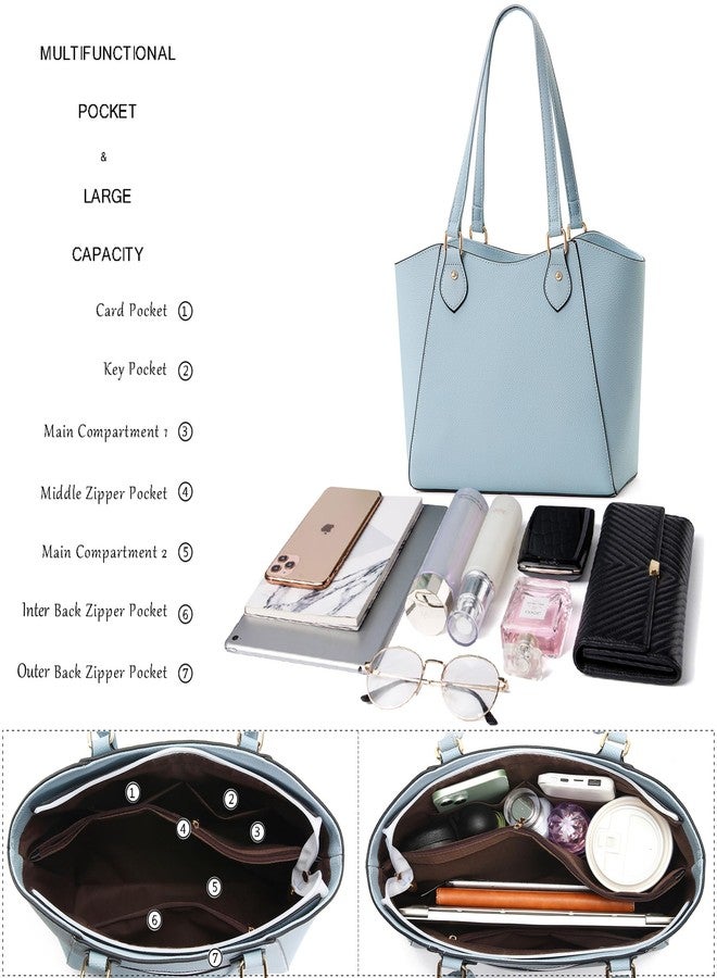 CHICAROUSAL Tote Bag for Women Large Handbags and Purses for Women PU Leather Womens Shoulder Bags, Alz Light Blue Yb, 12.6 inches x 4.5 inches x 10.6 inches - Image 5