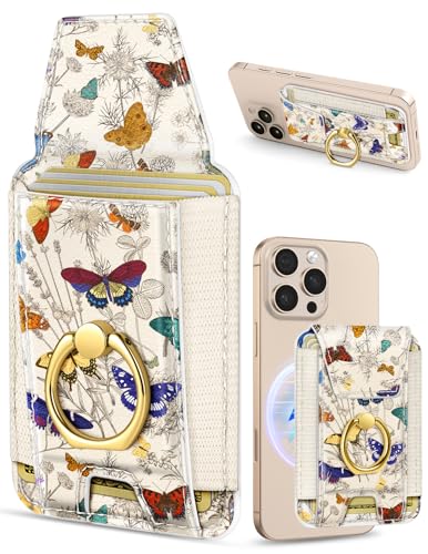 Shorogyt Compatible with Magsafe Wallet with Ring Stand Grip - Cute Magnetic Phone Wallets Card Holder for iPhone 17/16/15/14/13/12 Series for Women Girls Butterfly Flower Design, Fit 7 Cards - Image 1