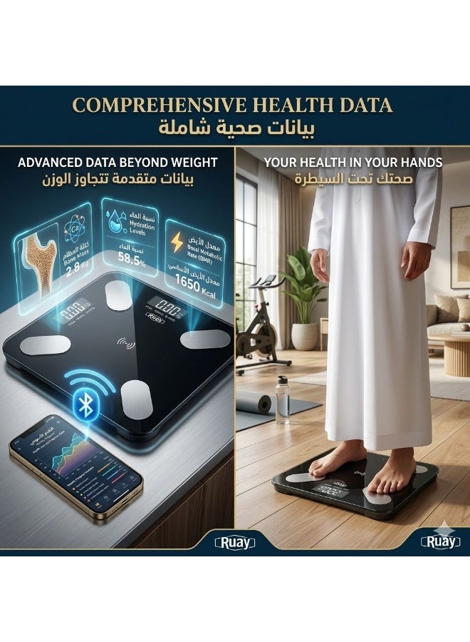 ميزان إلكتروني رقمي ذكي من Ruay بتقنية بلوتوث– شاشة LCD – زجاج مقوى – تحمل حتى 180 كجم – تصميم أنيق أسود - Image 2