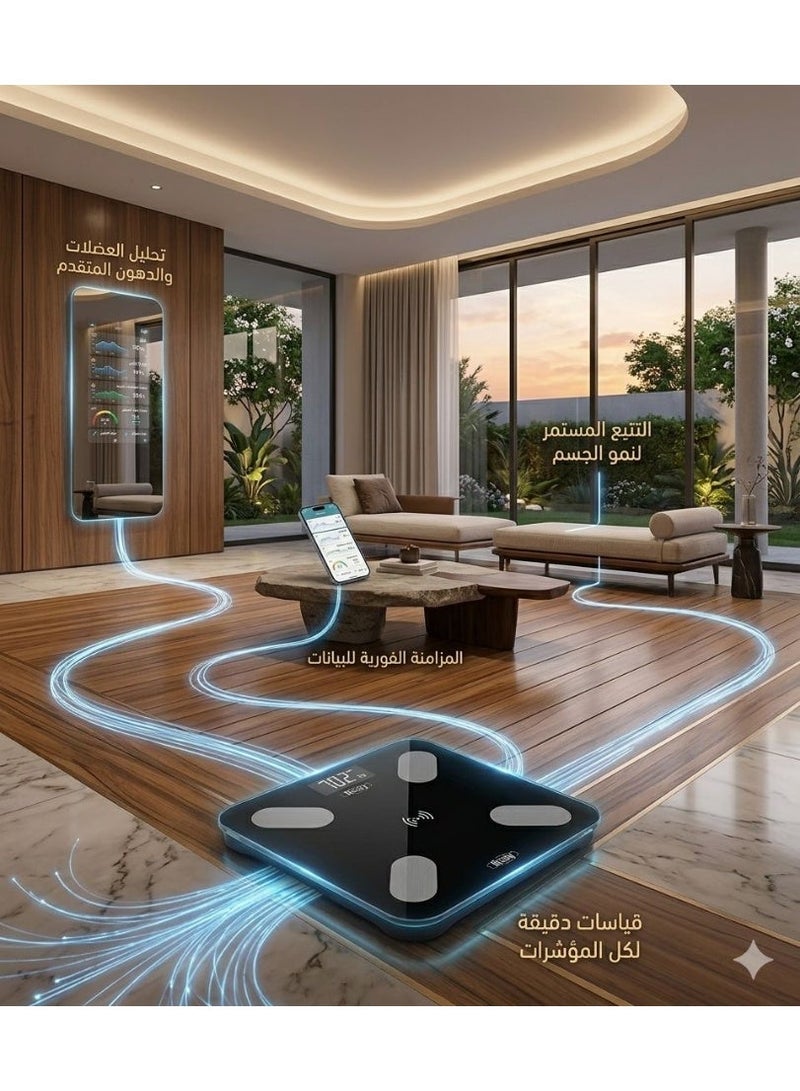 ميزان إلكتروني رقمي ذكي من Ruay بتقنية بلوتوث– شاشة LCD – زجاج مقوى – تحمل حتى 180 كجم – تصميم أنيق أسود - Image 3