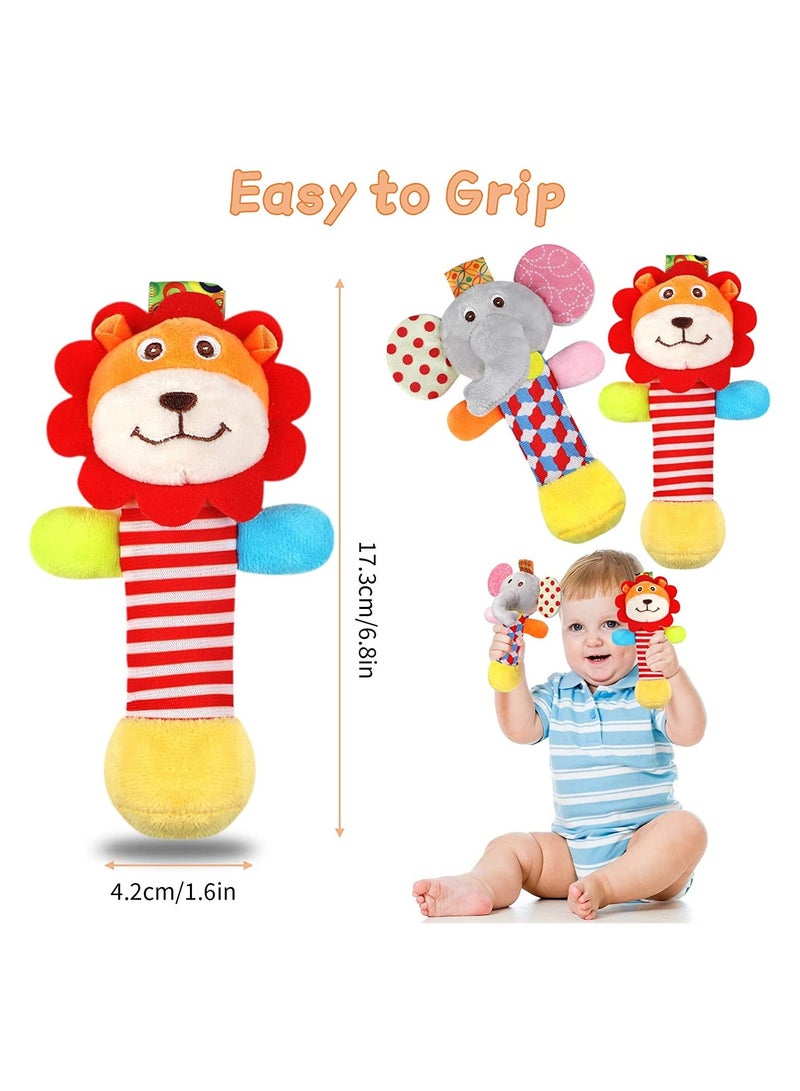 2PCS Soft Baby Rattles, Plush Animal Rattles Baby Sensory Toys Infant Sound Toys Interactive Plush Toys Early Development Rattles Infant Learning Toys for 0 3 6 Month Infant Gift (Elephant, Lion) - Image 2