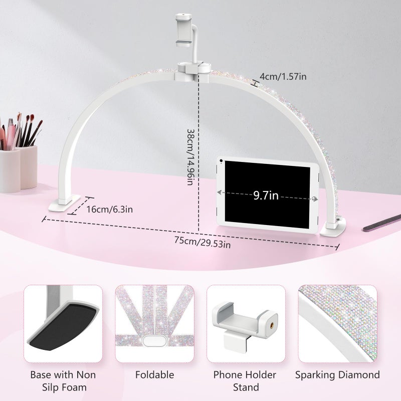 Yokilly Half Moon Light for Nail Desk: 29" Foldable Half Moon Desk Lamp with Phone Holder for Beginner - Arch Nail Tech Light with 3 Color Modes & 10 Brightness for Manicure Salon (Diamond, Large) - Image 4